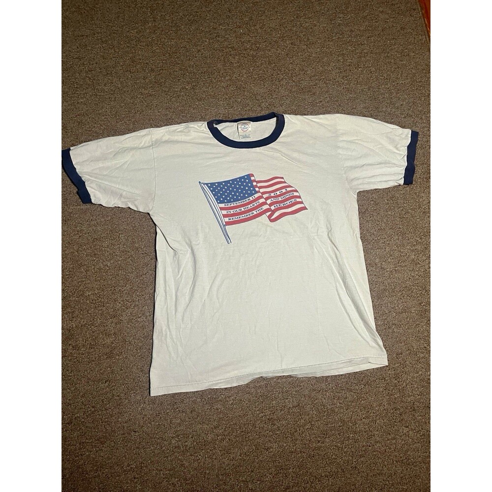 Delta Pro Weight Vintage Men’s medium White/Blue Ringer 9/11 USA Flag T-Shirt